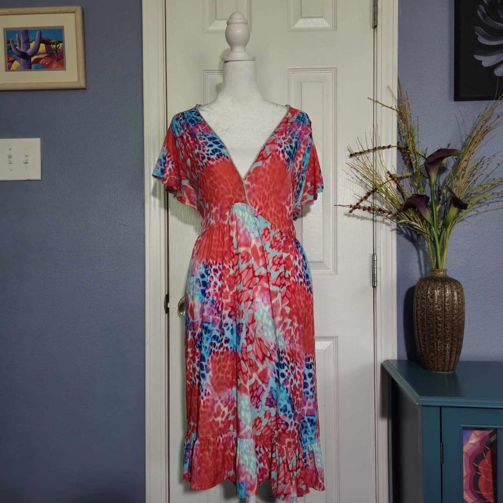 Women L Banditas from Marseille Pink Aqua Leopard Print V-Neck Midi Ruffle Dress